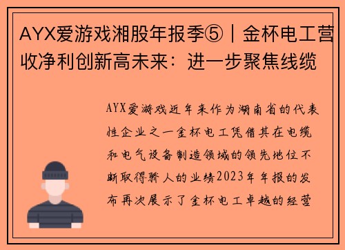 AYX爱游戏湘股年报季⑤｜金杯电工营收净利创新高未来：进一步聚焦线缆主业